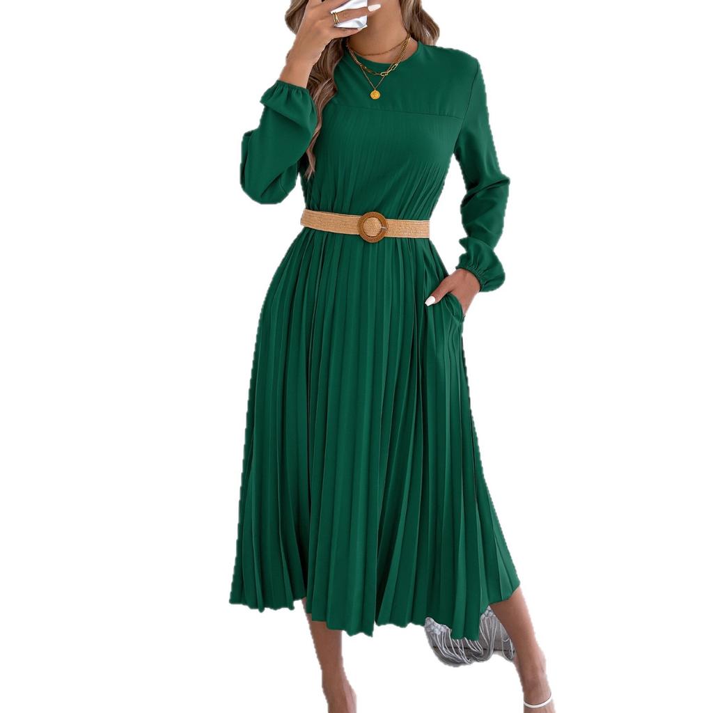 Spring and Summer Casual Solid-color Long-sleeved Padded Pleated Dress for Women