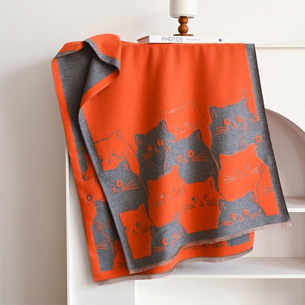 Double Sided Warm Blanket Scarf Large Size Winter Shawl Cat Print Cashmere Scarf  Daily Wear