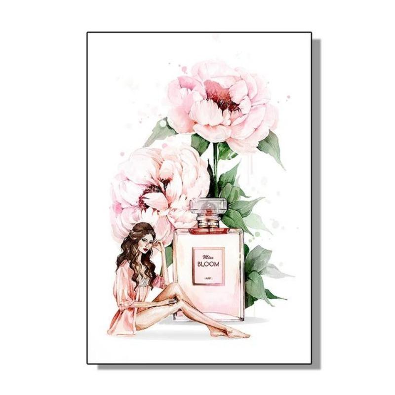 Elegant Perfume Bottle  Pink Flowers Poster Chic Beauty Fashion Canvas Art for Modern Home Living Room Wall Decor