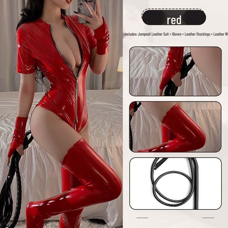 Sexy Patent Leather Lingerie Role Play Bodysuit - Temperament Queen Uniform