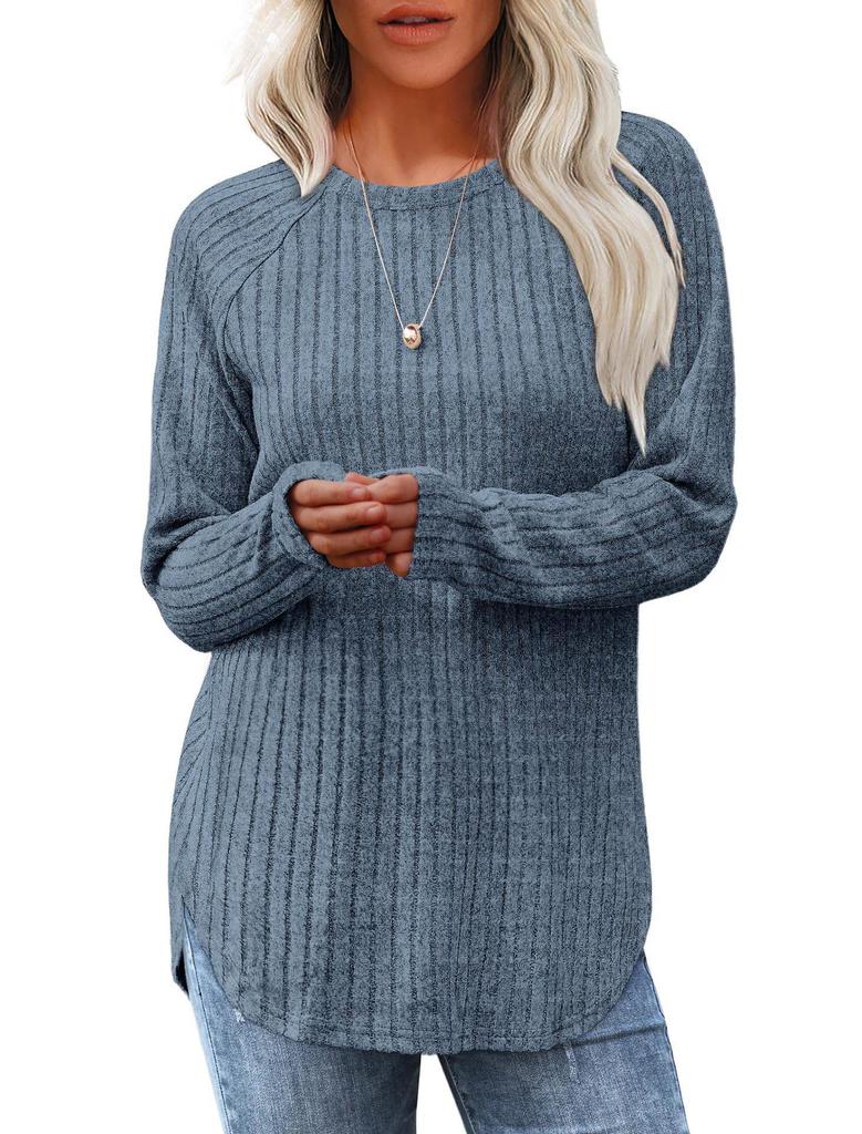 2024 Autumn Women's Loose Round Neck High-Low Hem Top