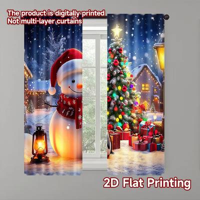 2pcs 2D Flat Printing Christmas Window Curtains Festive Snow Christmas Versatile Polyester Fabric Without Electricity Family