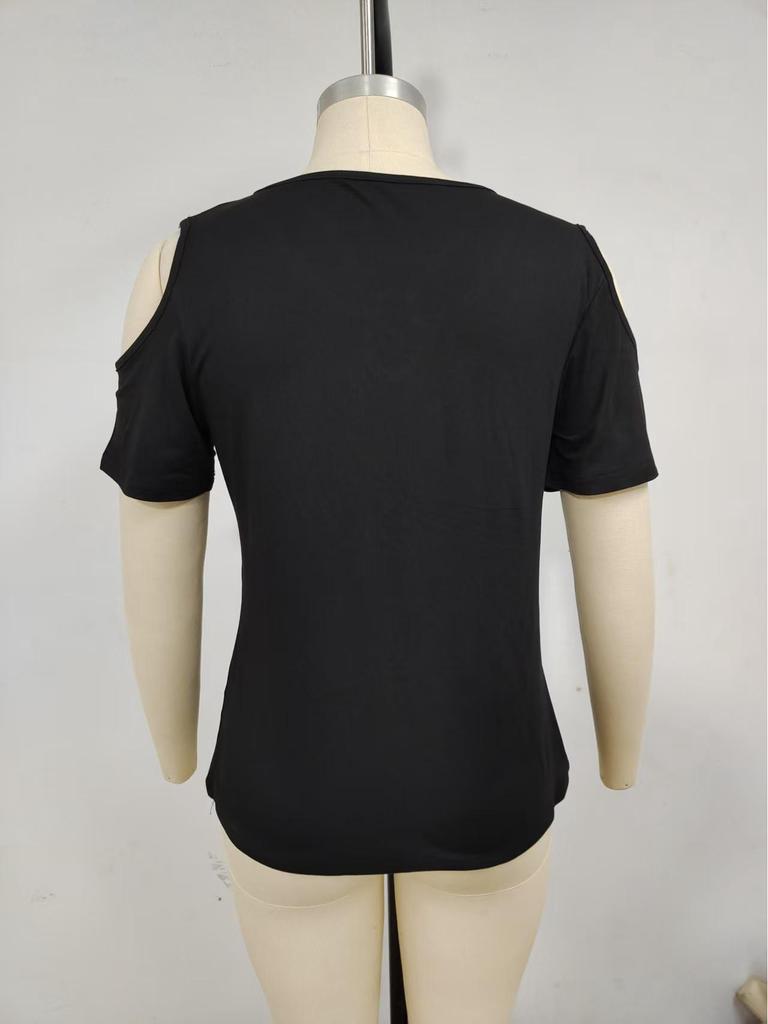 2025 Women's Solid Color Off-Shoulder Loose V-Neck Short Sleeve T-Shirt