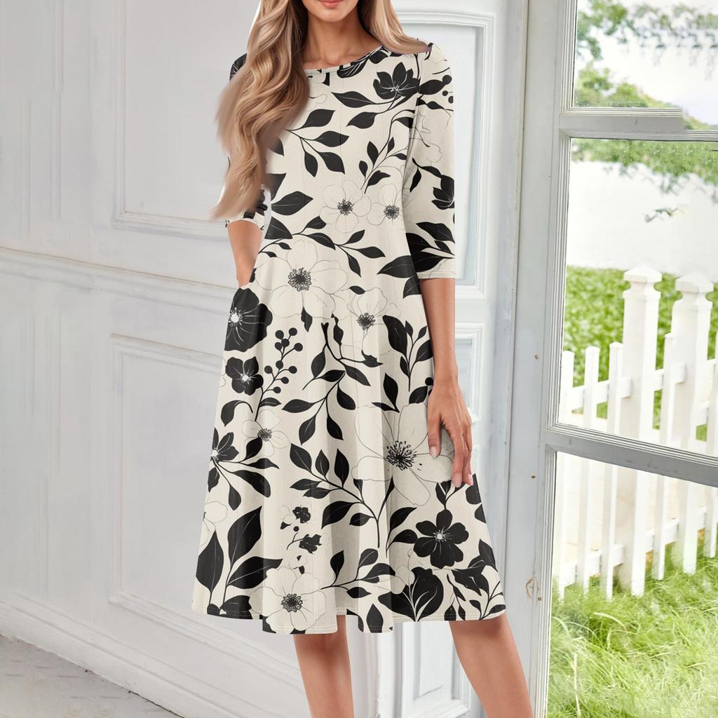 Women's Loose Casual And Fashionable Round Neck Seven Quarter Sleeved Printed Mid Length Dress