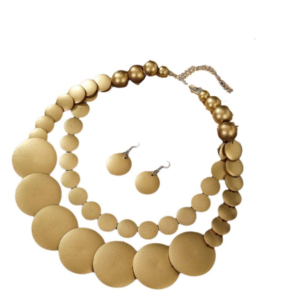Necklace Wooden Beaded Necklace Double-layer Jewelry Set Exaggerated Round Necklace Beach