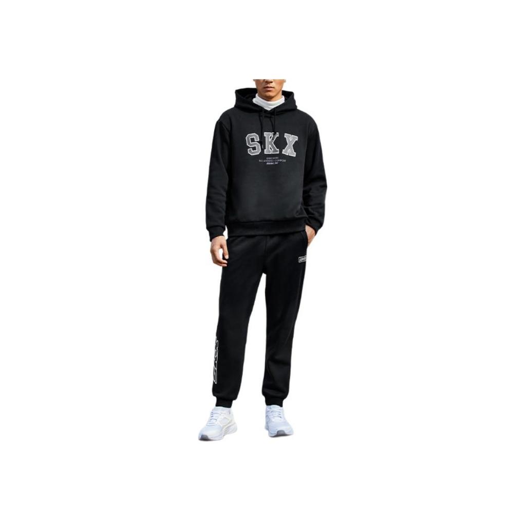 Skechers Hooded Pullover Drawstring Letter Logo Printed Long Sleeve Sweatshirt Men Sweatshirt Carbon-Black P422M063-0018