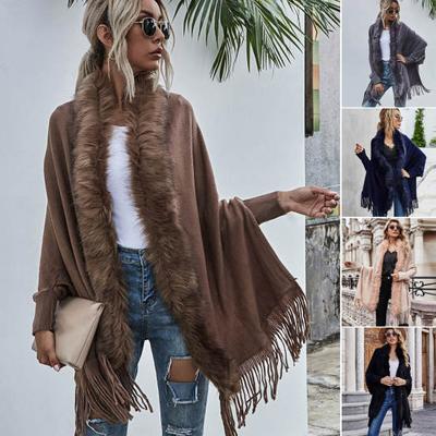 Fledermaus-Langarm-Cardigan mit offenem Stich, mittellang, lockere Passform, Schal-Cardigan, Herbst-Winter, künstlicher Pelzkragen, Quastensaum, Damen-Strick-Poncho-Oberbekleidung