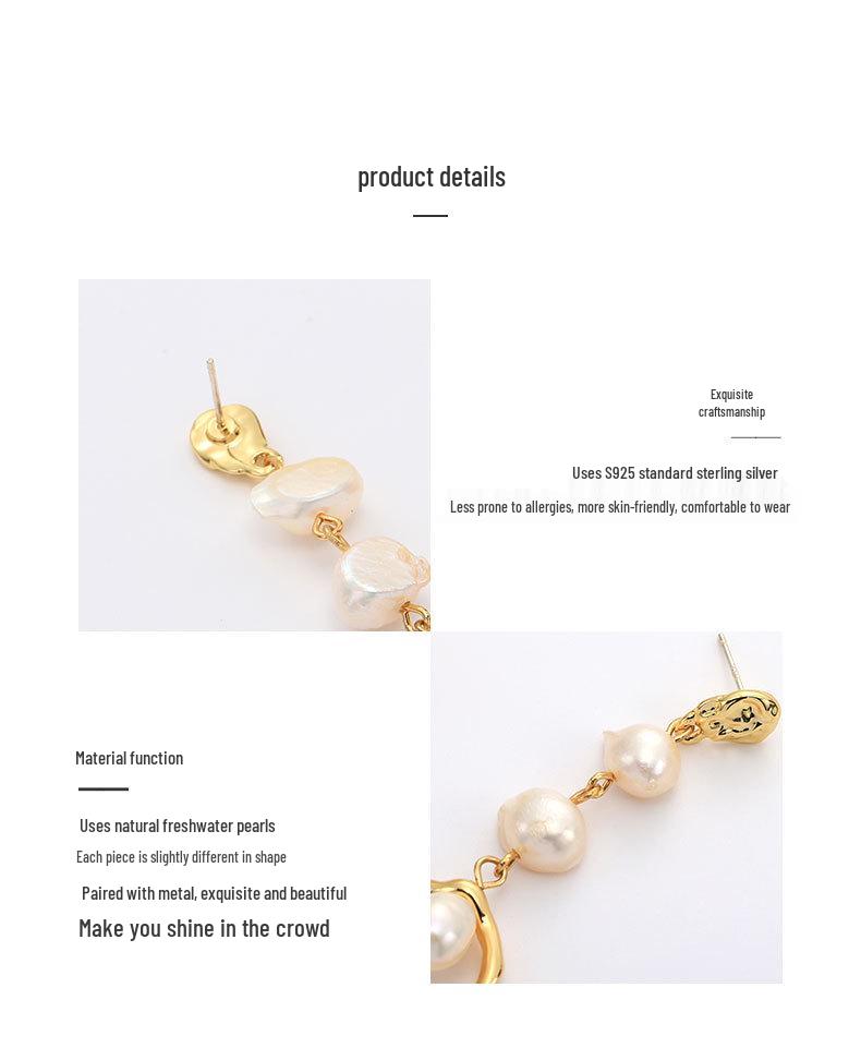 Goldene Geometrische Lange Süßwasserperlen-Ohrringe mit S925 Silbernadeln