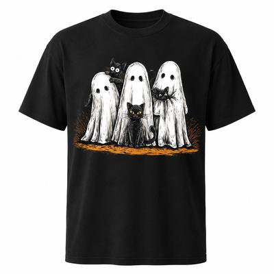 Halloween Ghost Cat Shirt Cute Black Cat Spooky Season Graphic Tee Unisex