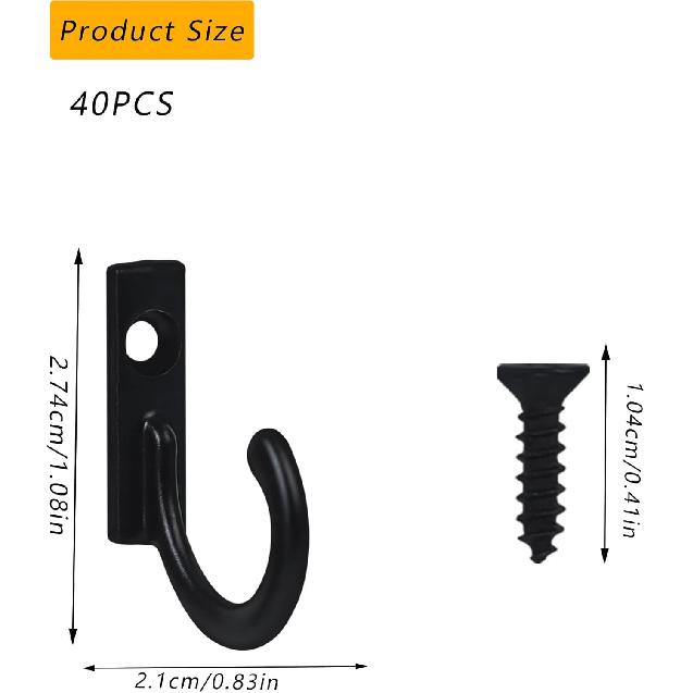 40 Pieces Key Hooks Black Small Hooks Wall Mounted Single Hook for Hanging Clothes Hat Jewelry Hanging Kitchen Bathroom Towels Farmhouse Retro Small