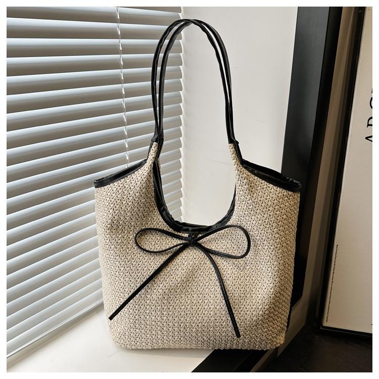 2025 Bow Underarm Bag Women's Fashion Casual Large Capacity Handbag Niche Straw Contrast Shoulder Bag