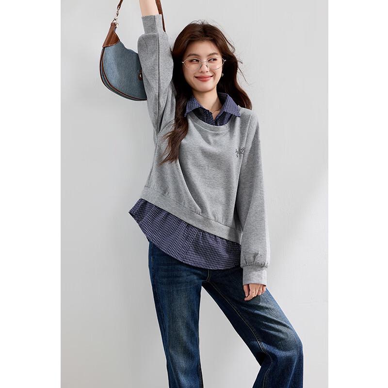 VICTORIA&VERA Women's Faux Two-Piece Plaid Sweatshirt