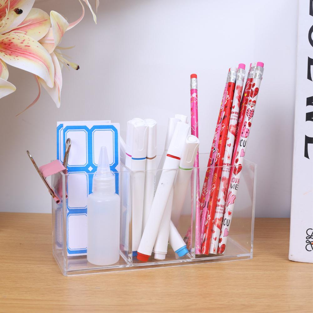 Large-Capacity Transparent Acrylic Pen Holder with Compartments for Office Stationery
