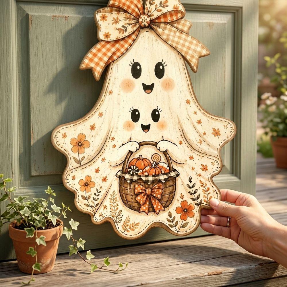 2D Flat Halloween Ghost Wood Door Hanger Rustic Style Fall Harvest Door Plaque Autumn