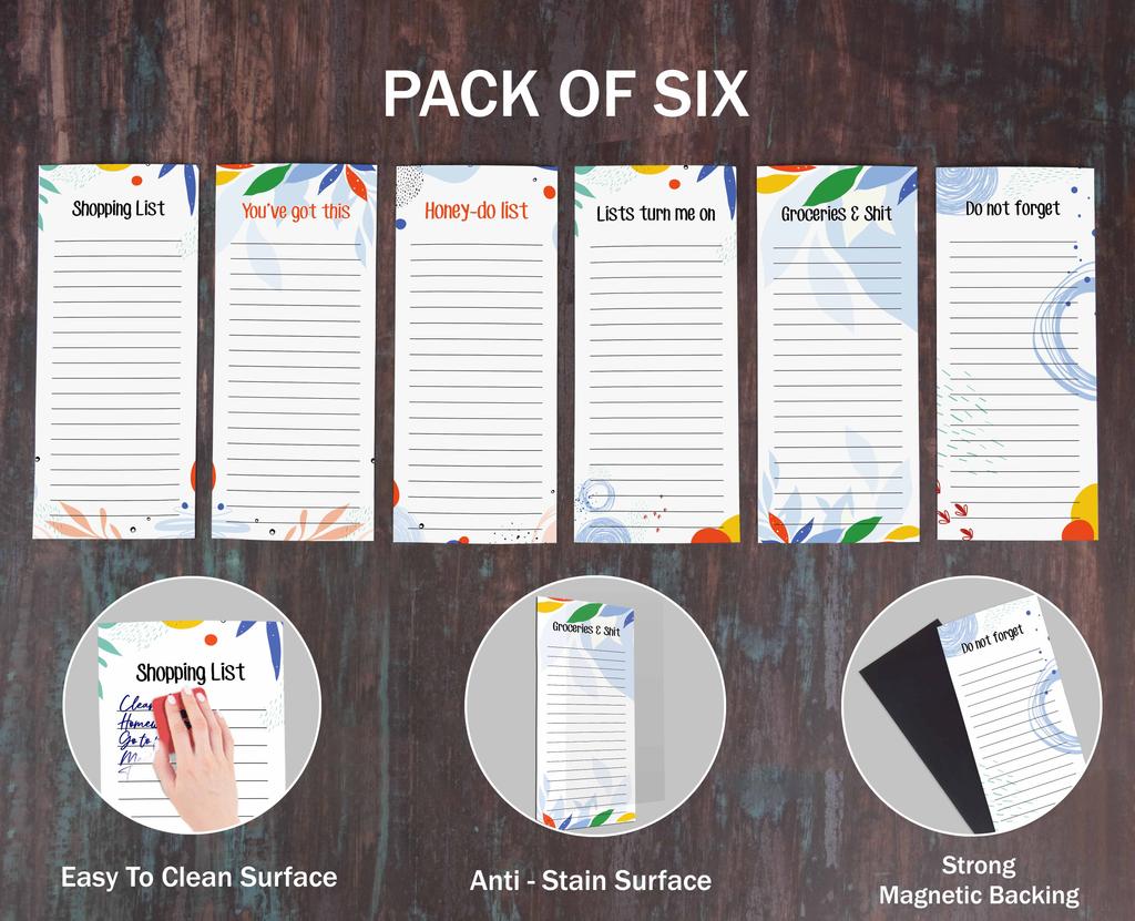 Inkdotpot Pack of 6 Funny Magnetic Dry Erase List For Fridge, Wipe Clean w  NoStain, Quick Notes Shopping & Grocery List Whiteboard for Fridge