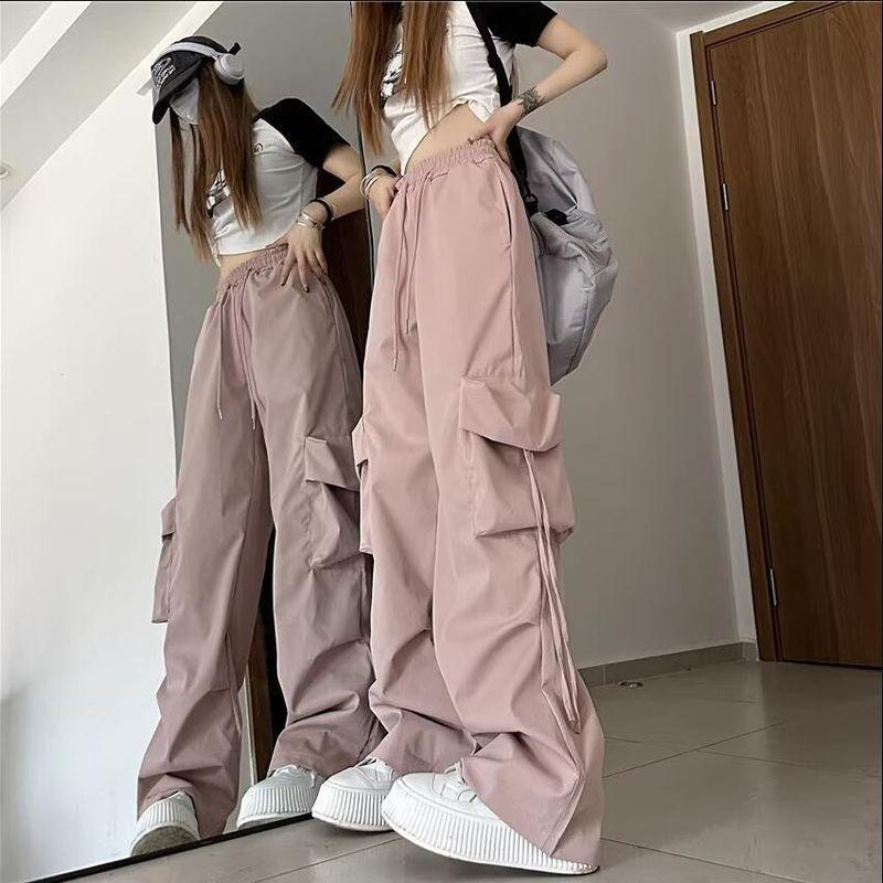 

2024 Summer and Autumn Thin American Retro Cargo Pants High Waist Straight-leg Wide Leg Loose Student Quick-Drying Casual Pants Easiest for Match Pink 3XL