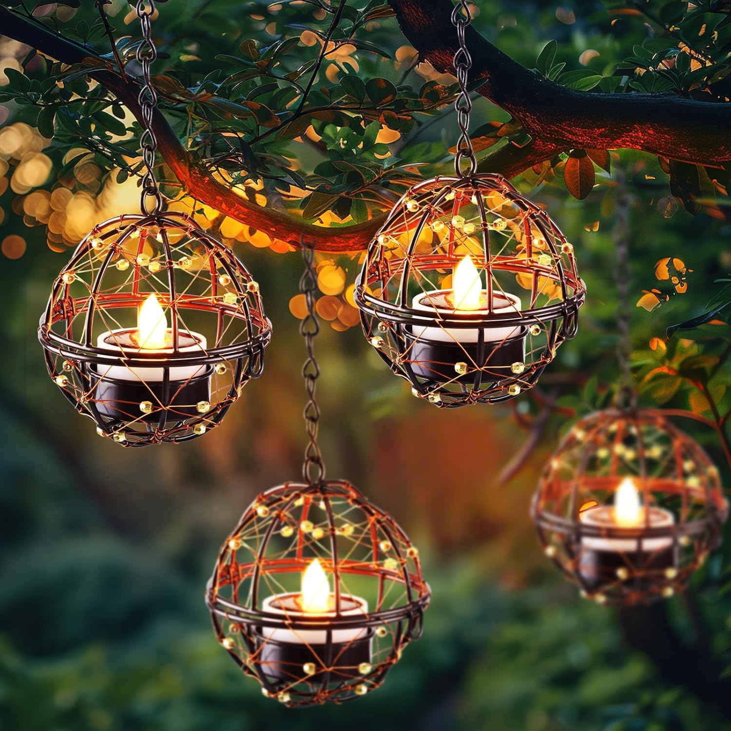 

4pc Outdoor Solar Lantern Waterproof Globe Hanging Candle Holder Flickering Solar Powered Tea Lights for Backyard Patio Garden