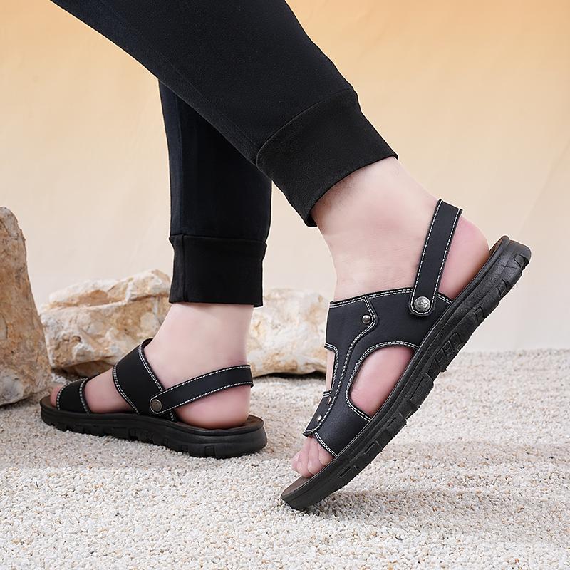 Men White Flats Sandals Summer Brown Wide Head Roman Sandals Retro Black Leather Beach Shoes Plus Size
