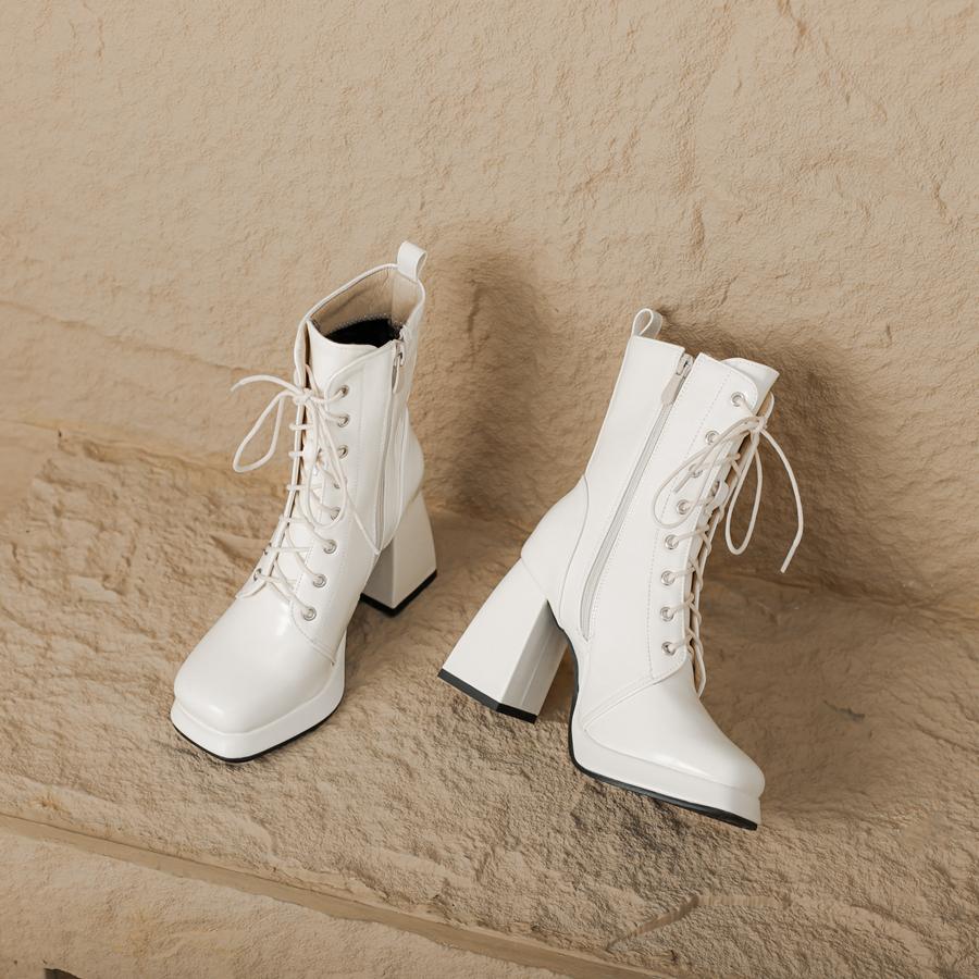 Fashion New Autumn Winter Black White Motorcycle Boots Womens Square Toe Cross Tied Platform Chunky High Heels Ankle Booties 45