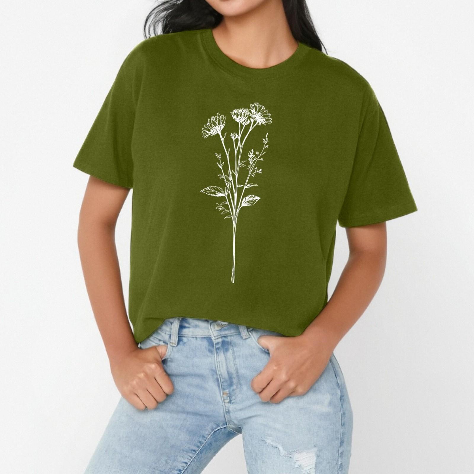 

Женская повседневная свободная футболка с цветочным принтом, пуловер с круглым вырезом и короткими рукавами L армия зеленый