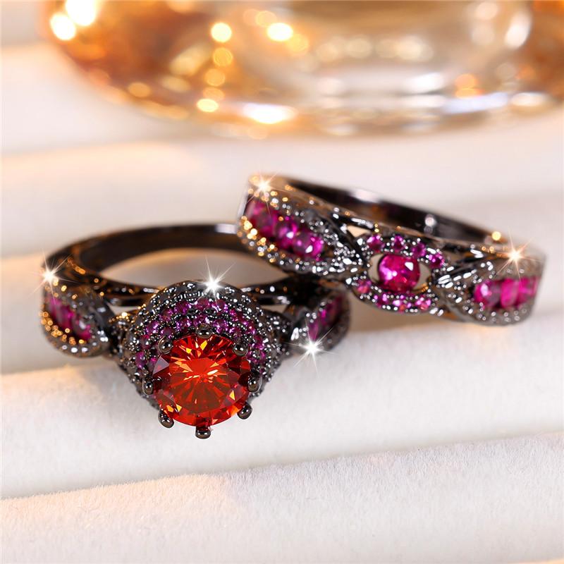 

Luxury Female Crystal Rose Red Round Zircon Stone Engagement Ring Set Cute Black Gold Color Wedding For Women 13