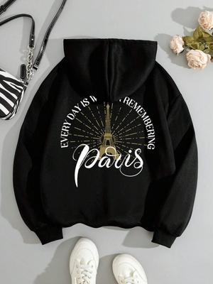 Paris Simple Letter Pattern Print Female Hoodies Fashion Casual Hoodie Oversize Loose Sweatshirts Autumn Warm Fleece Clothing