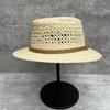 French retro old money wind flat top straw hat women's summer hand-woven hollow breathable sun hat travel vacation hat