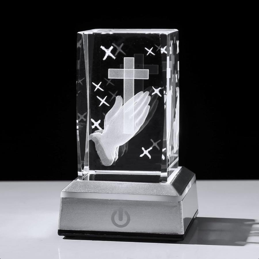 3D Crystal Praying Hands Christian Religious Gifts for Women Men Glass Laser Engrave Jesus Cross Figurine Cube Multicolor Led N