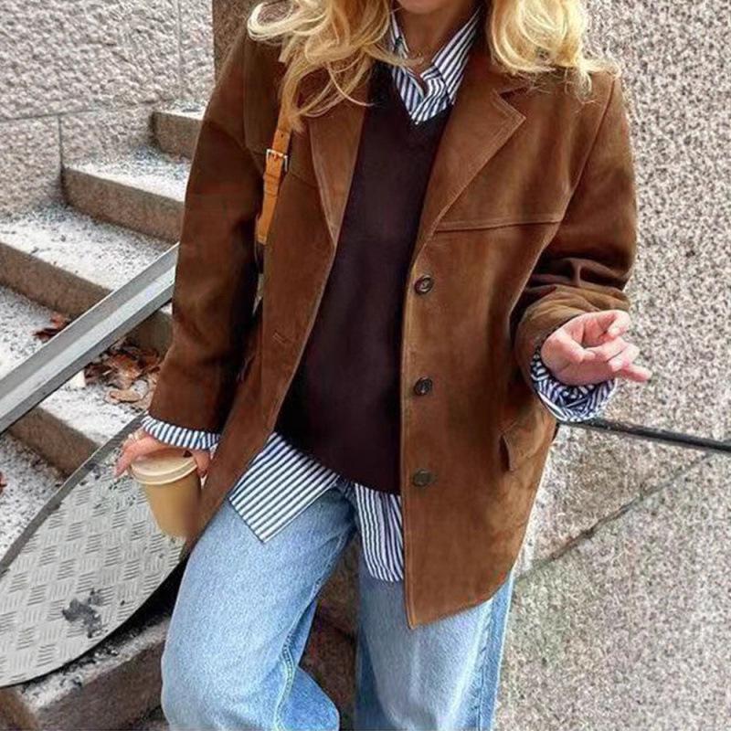 Women's Retro Brown Loose Pocket Long Sleeve Suit Jacket