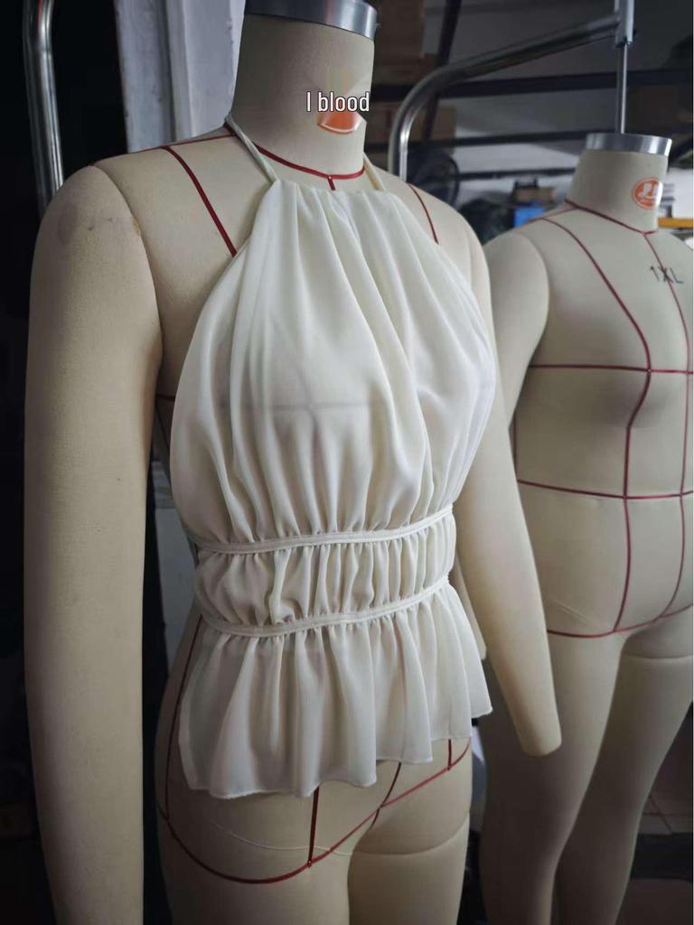 2026 Chiffon Pleated Halter Top with Open Back Lace-up Design