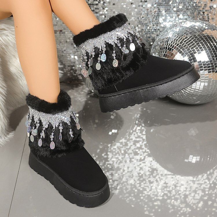 Premium comfortable versatile platform short boots children's 2025 autumn and winter new niche fringed beaded snow boots