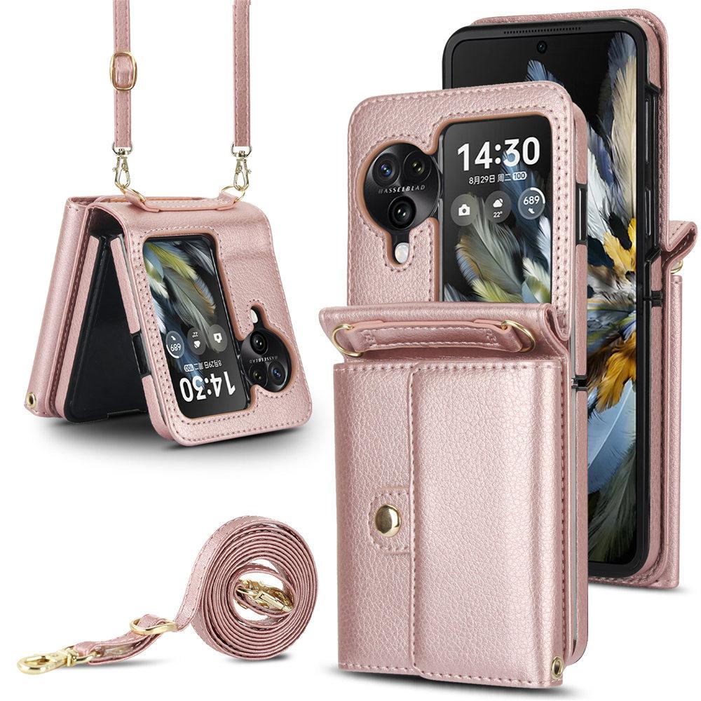 Luxus Crossbody Kartensteckplatz Geldbörse Lederhülle Für OPPO Find N3 Flip N2 Flip Langes Lanyard Riemen Hülle Coque