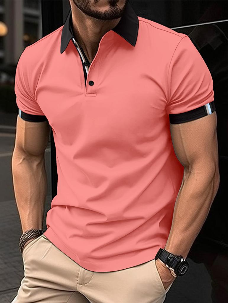 Men's Spring Summer Button Polo Shirt Short Sleeve Color Block T-shirt Fashion Casual Turn-Down Collar Top