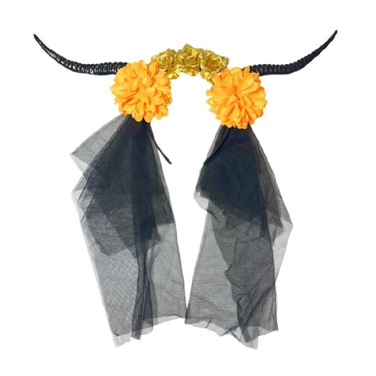 Halloween Hairhoop with Antelope Horn Dark Series Flower Headband with Veil Theme Party Headwear Festival Props Hairband