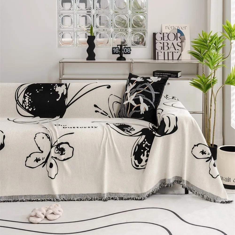 Nordic Butterfly Floral Print Soft Sofa Towel Blankets Outdoor Camping Picnic Large Blanket Leisure Towel White Travel Sofa Mat