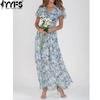 YYFS Women's Fashion Summer Spring Flower Pattern Print Short Sleeve V-Neck High Waist Casual Dresses