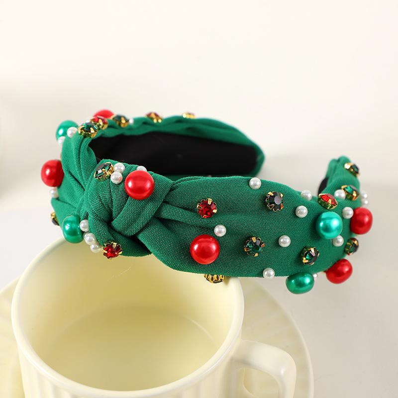 

Новая модная рождественская повязка на голову с узлом, жемчугом и стразами зелёный