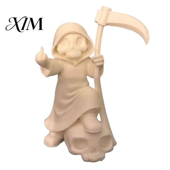 Schwarz Weiß Skulptur 3D Gedruckte Niedliche Sensenmann Figur, Skelett Kleine Statue mit Gotischem Schreibtisch Ornament Sense & Totenkopf Basis, Lustiges Halloween