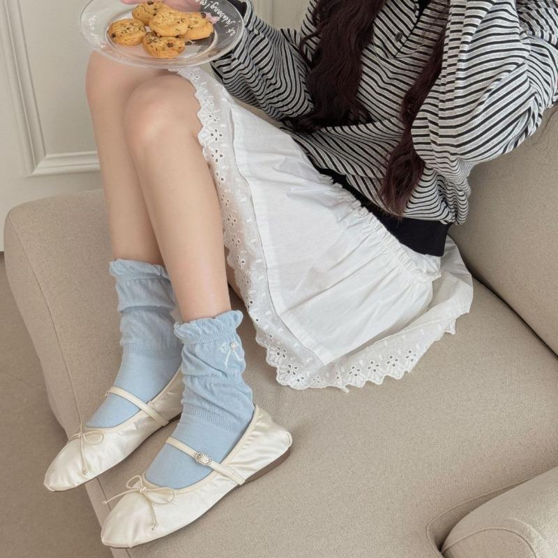 Female Spring and Summer Cloth Label Stripe Bow Shell Pearl Tube Pile Pile Cotton Socks