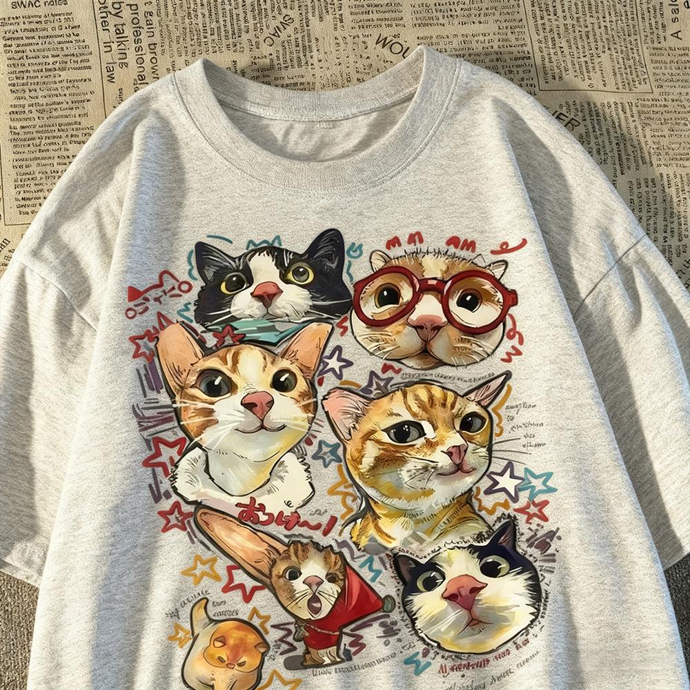 

American Retro Fun Cartoon Cat Print Shortsleeved Tshirt Womens Summer Loose Top Tshirt Graphic T Shirts Women Clothing Y2K 4XL