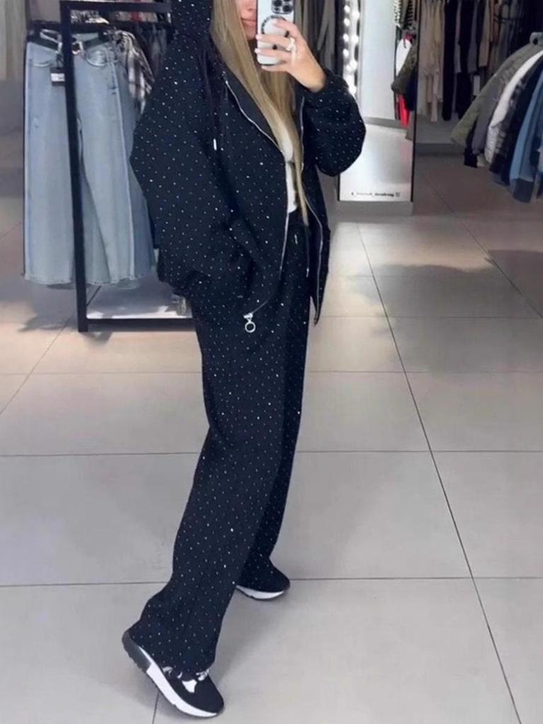 Women's Autumn/Winter Hooded Sweatshirt and Wide-Leg Pants Set with Full Diamond Details