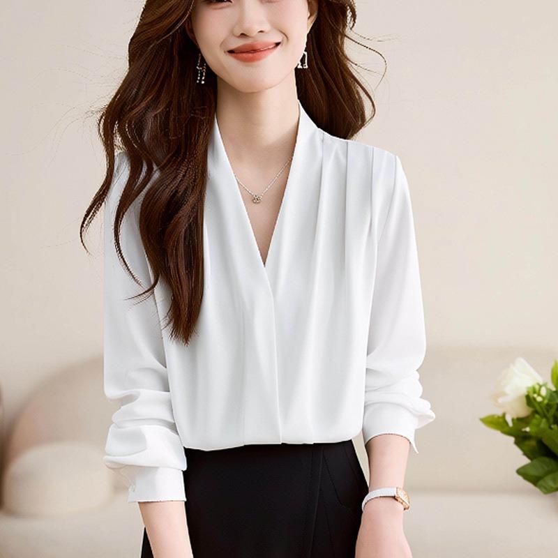 Women V Neck Satin Blouse Long Sleeve Solid Color Office Wear Casual Shirt