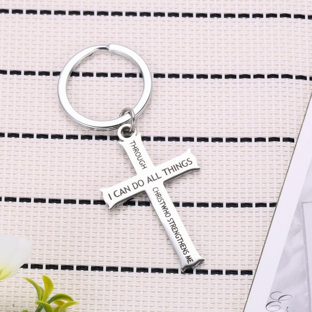 I Can Do All Things Cross Stainless Steel Keychain Inspirational Religious Design Fashion Bag Pendant Practical Gift