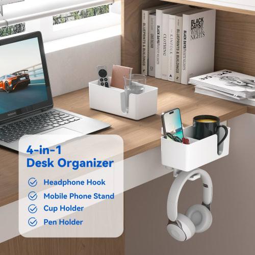 KDD 4-in-1 Desk Organizer with Drink Holder, Headphone Stand, Under-Desk Headphone Hook with Two Wire Holes, Rotating Headphone Hanger, and Removable