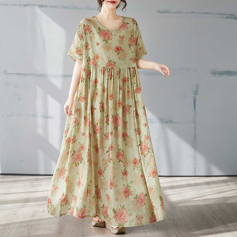 Summer Short Sleeved Round Neck Bohemian Long Skirt