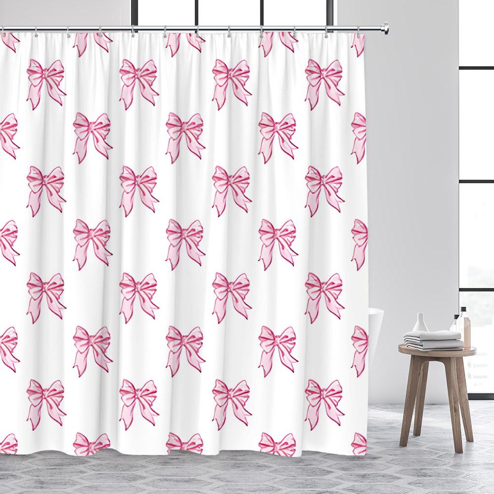 Fashion Bowknot Shower Curtains Red Pink Bow-Tie Heart Pattern Girl Gift Modern Bathroom Decorative Bath Curtain Set With Hooks