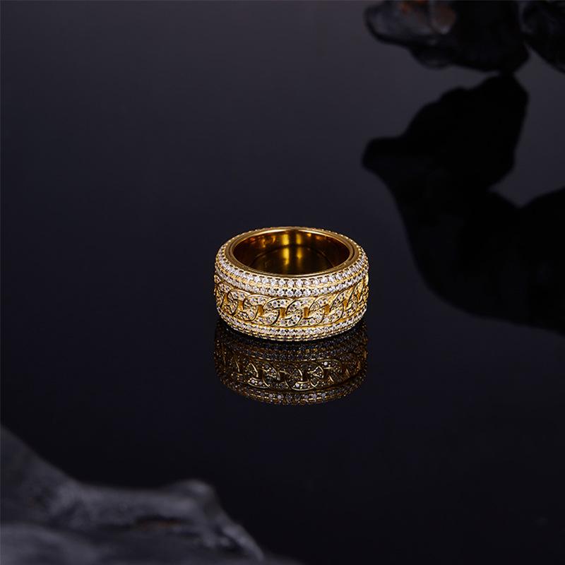 European Hip Hop Sterling Silver Men's Moissanite Rotatable Ring, Gold-Plated Trendsetter Fashion.