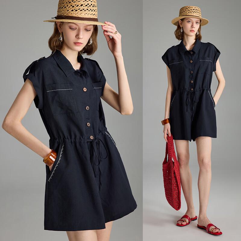 Women s Tencel Linen Blend Embroidered Jumpsuit Shorts L темно-синий