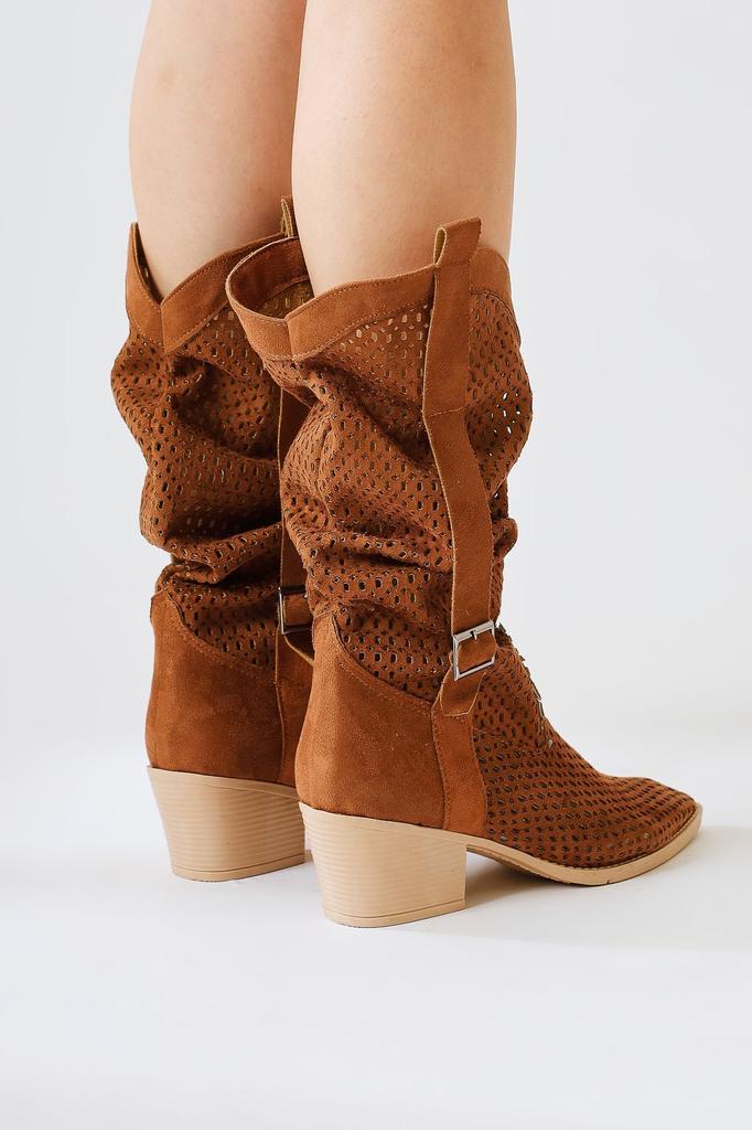 Bottes d'été en Faux cuir et daim pour femmes, modernes et élégantes, Orietta Tan, découpées au Laser, à soufflets