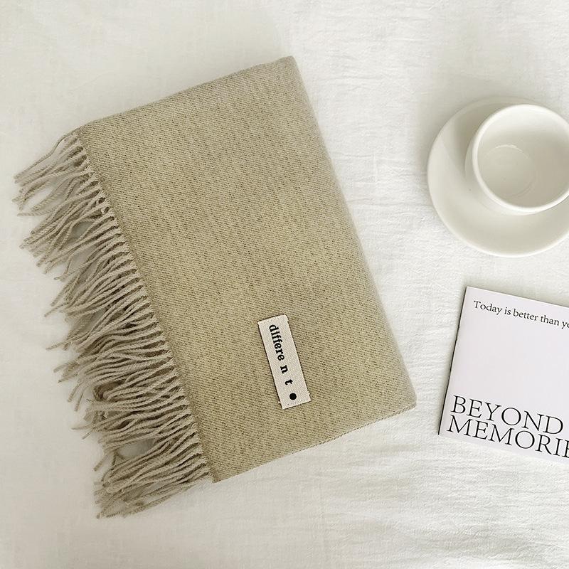 Flowing Fringe, Color-blocked, Simple Design, Faux Cashmere-like Scarf, Winter-thick, Cape-style, Student-friendly, Solid Color.